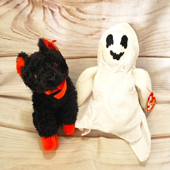 TY Fraidy Black Cat 7" 2001 Sheets White Ghost 8" 1999 Halloween Beanie Bundle - Picture 1 of 13